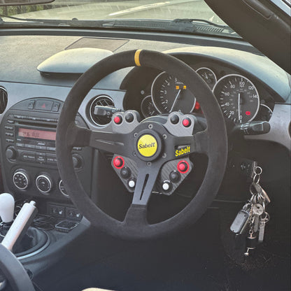 Sabelt SW-465 Steering Wheel on Mazda MX5 Miata with Volantech 10 button cruise control media and horn button plate kit